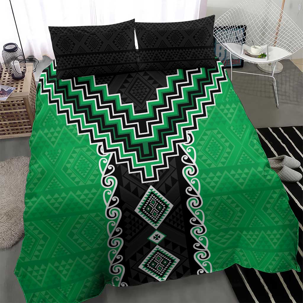 Green Niho Taniwha Mix Poutama Bedding Set Unique Taniko Aotearoa