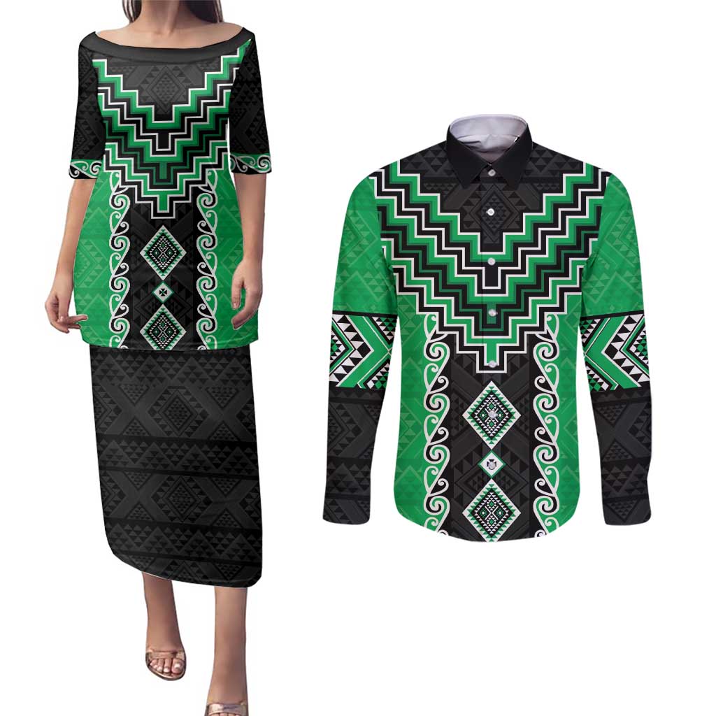 Green Niho Taniwha Mix Poutama Couples Matching Puletasi and Long Sleeve Button Shirt Unique Taniko Aotearoa LT01 Green - Polynesian Pride