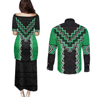 Green Niho Taniwha Mix Poutama Couples Matching Puletasi and Long Sleeve Button Shirt Unique Taniko Aotearoa LT01 - Polynesian Pride
