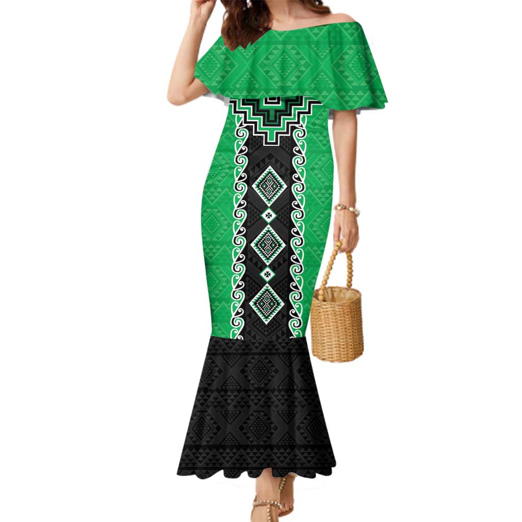 Green Niho Taniwha Mix Poutama Family Matching Mermaid Dress and Hawaiian Shirt Unique Taniko Aotearoa