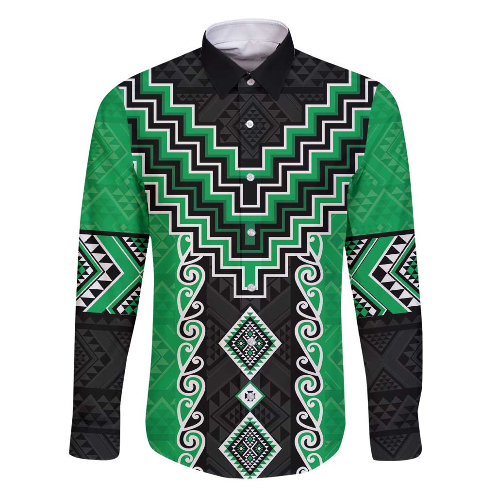 Green Niho Taniwha Mix Poutama Family Matching Off Shoulder Short Dress and Hawaiian Shirt Unique Taniko Aotearoa