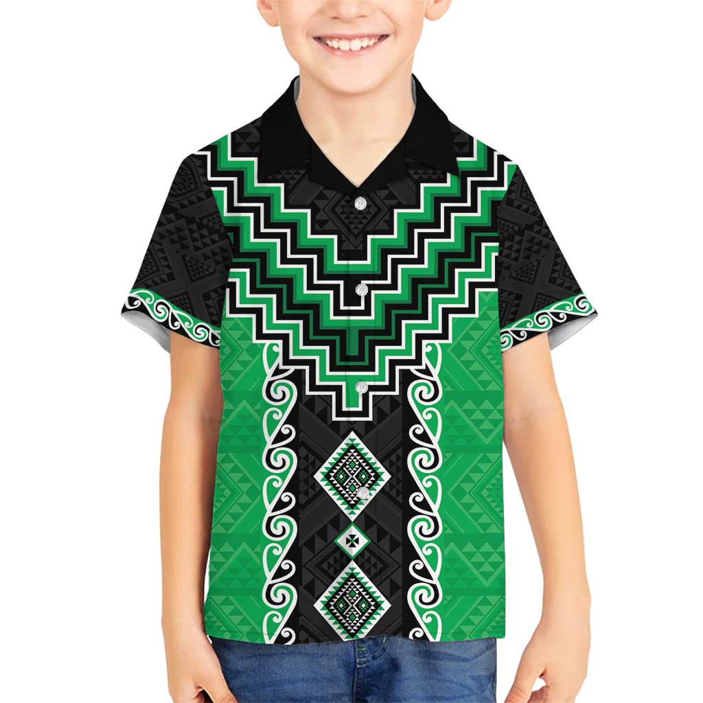 Green Niho Taniwha Mix Poutama Family Matching Puletasi and Hawaiian Shirt Unique Taniko Aotearoa