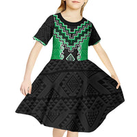 Green Niho Taniwha Mix Poutama Kid Short Sleeve Dress Unique Taniko Aotearoa