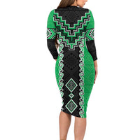 Green Niho Taniwha Mix Poutama Long Sleeve Bodycon Dress Unique Taniko Aotearoa