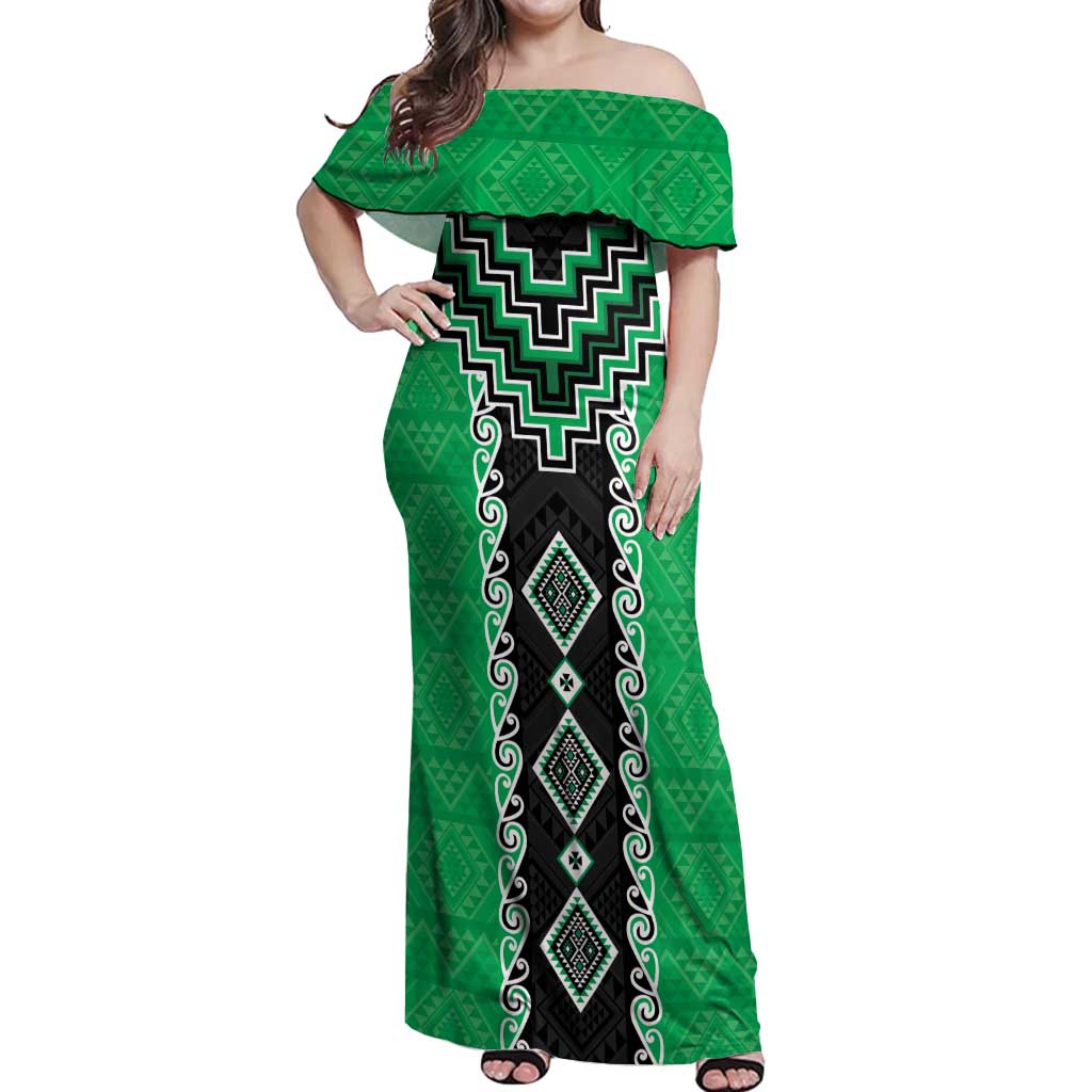 Green Niho Taniwha Mix Poutama Off Shoulder Maxi Dress Unique Taniko Aotearoa
