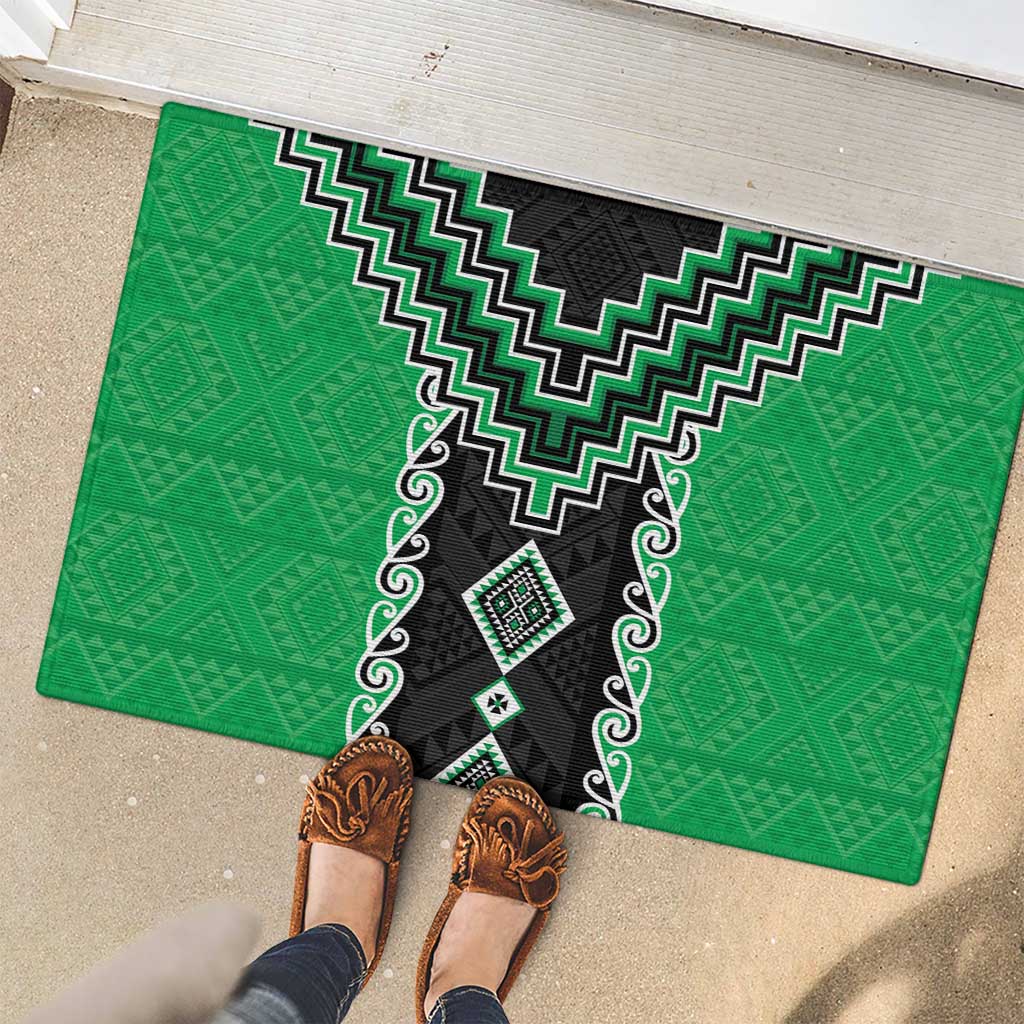 Green Niho Taniwha Mix Poutama Rubber Doormat Unique Taniko Aotearoa