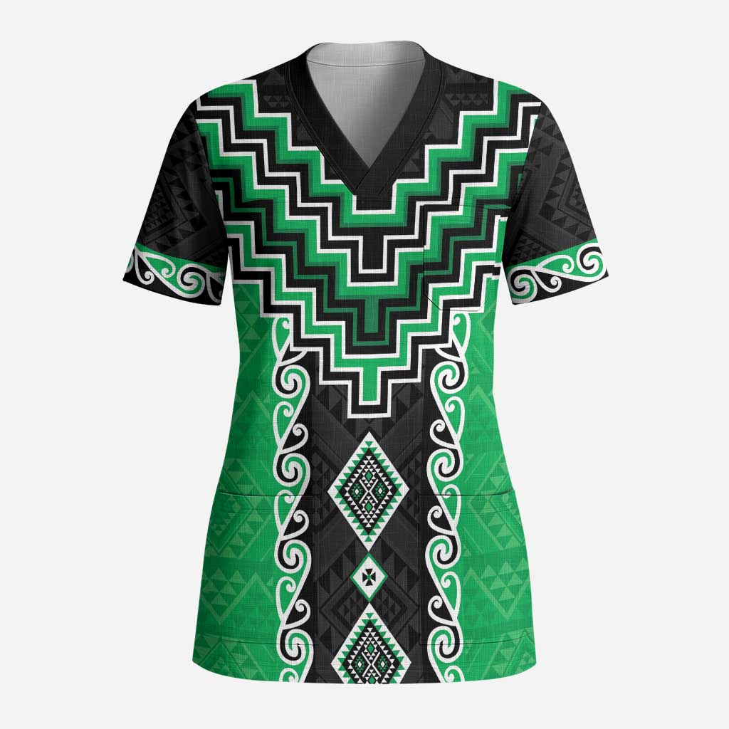 Green Niho Taniwha Mix Poutama Scrub Top Unique Taniko Aotearoa - Polynesian Pride