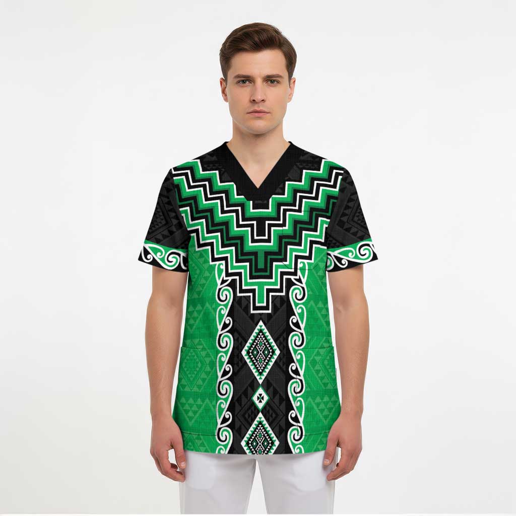Green Niho Taniwha Mix Poutama Scrub Top Unique Taniko Aotearoa - Polynesian Pride