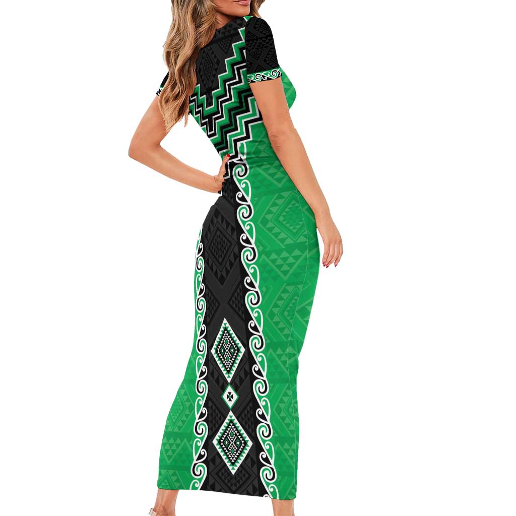 Green Niho Taniwha Mix Poutama Short Sleeve Bodycon Dress Unique Taniko Aotearoa