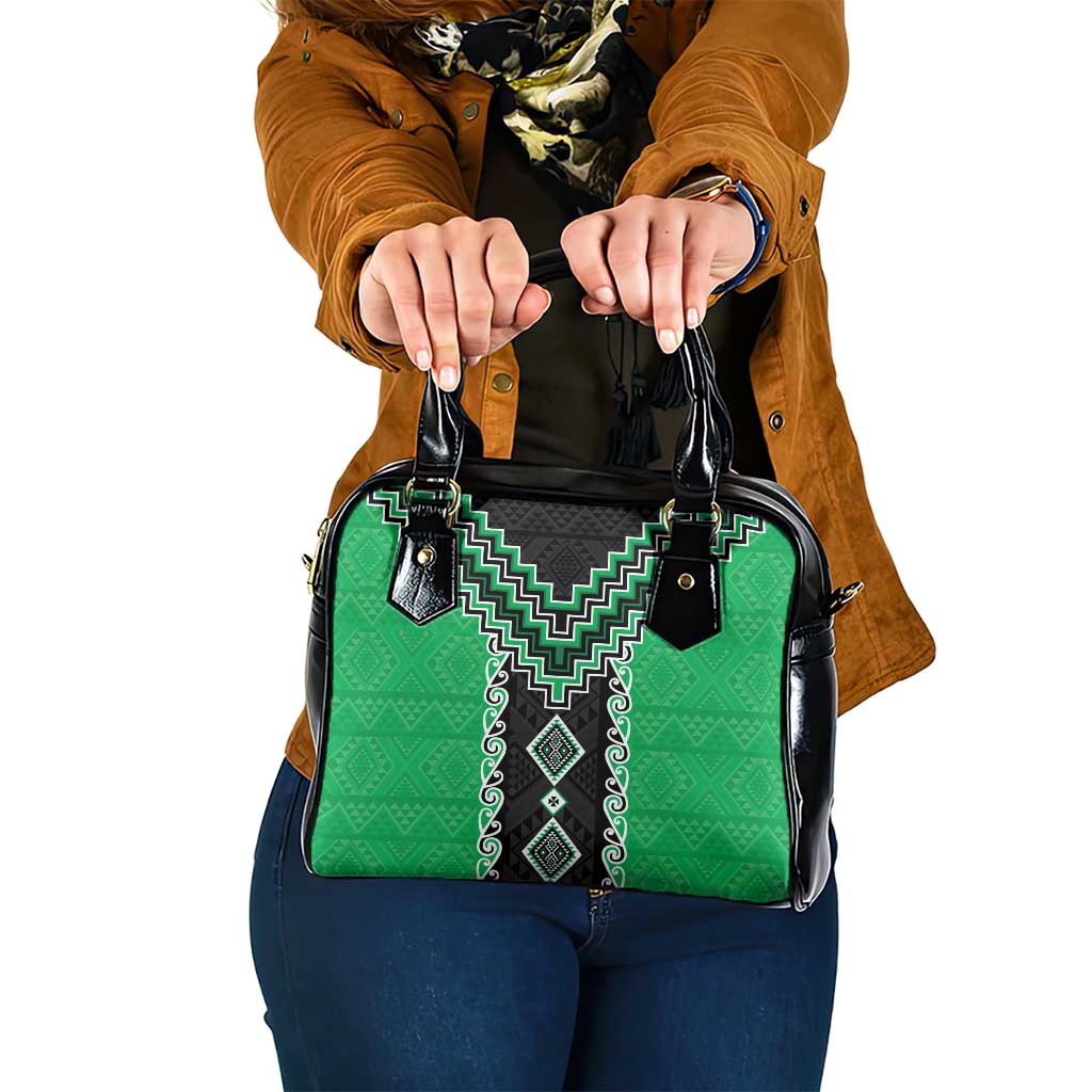 Green Niho Taniwha Mix Poutama Shoulder Handbag Unique Taniko Aotearoa