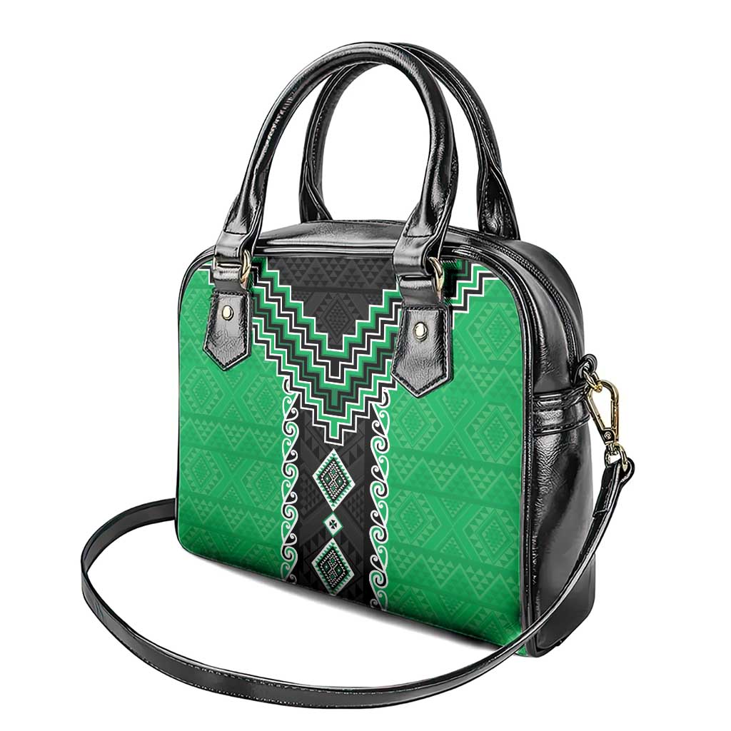 Green Niho Taniwha Mix Poutama Shoulder Handbag Unique Taniko Aotearoa