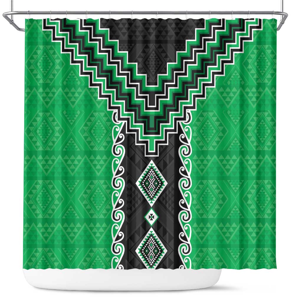 Green Niho Taniwha Mix Poutama Shower Curtain Unique Taniko Aotearoa