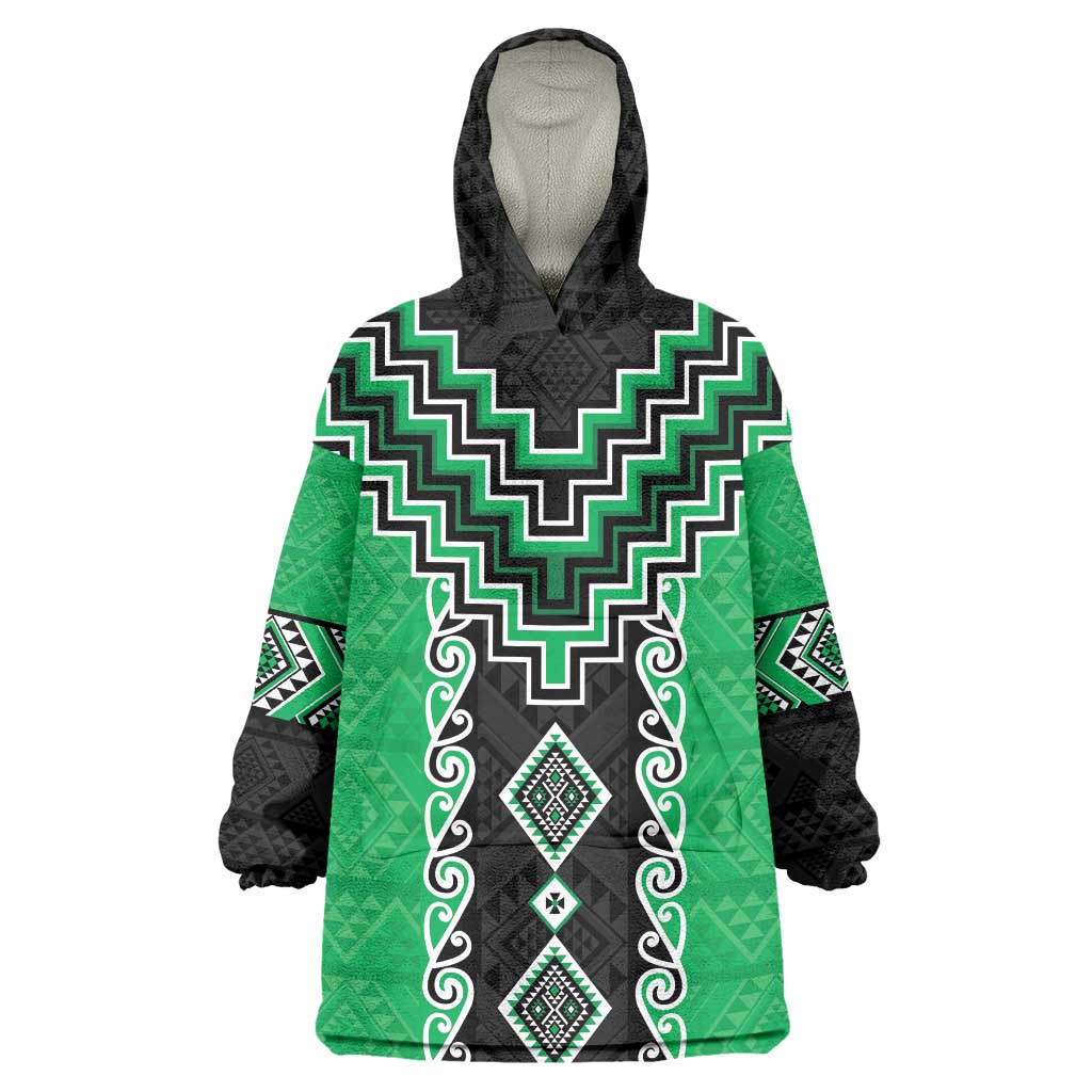 Green Niho Taniwha Mix Poutama Wearable Blanket Hoodie Unique Taniko Aotearoa