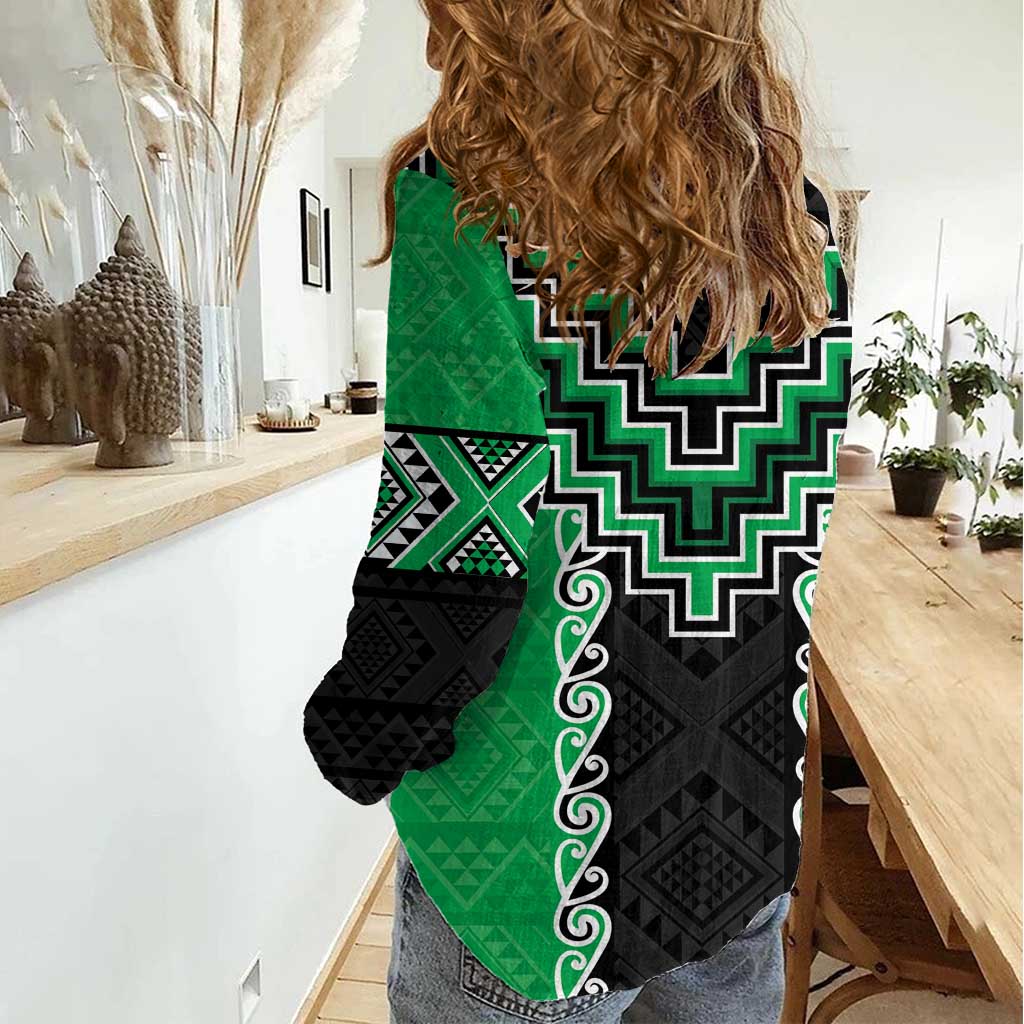 Green Niho Taniwha Mix Poutama Women Casual Shirt Unique Taniko Aotearoa