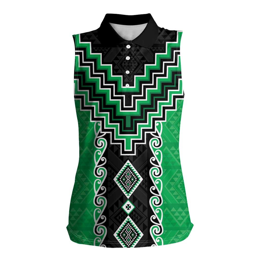 Green Niho Taniwha Mix Poutama Women Sleeveless Polo Shirt Unique Taniko Aotearoa LT01 Female Green - Polynesian Pride