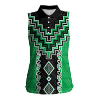 Green Niho Taniwha Mix Poutama Women Sleeveless Polo Shirt Unique Taniko Aotearoa LT01 Female Green - Polynesian Pride