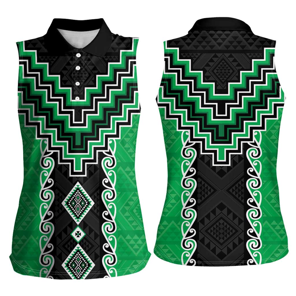 Green Niho Taniwha Mix Poutama Women Sleeveless Polo Shirt Unique Taniko Aotearoa LT01 - Polynesian Pride