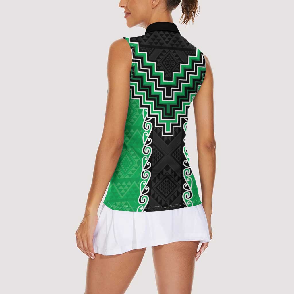 Green Niho Taniwha Mix Poutama Women Sleeveless Polo Shirt Unique Taniko Aotearoa LT01 - Polynesian Pride