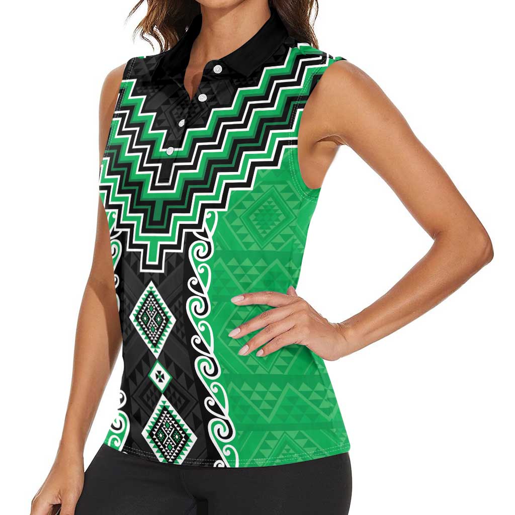 Green Niho Taniwha Mix Poutama Women Sleeveless Polo Shirt Unique Taniko Aotearoa LT01 - Polynesian Pride