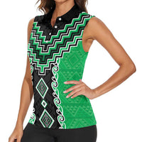 Green Niho Taniwha Mix Poutama Women Sleeveless Polo Shirt Unique Taniko Aotearoa LT01 - Polynesian Pride