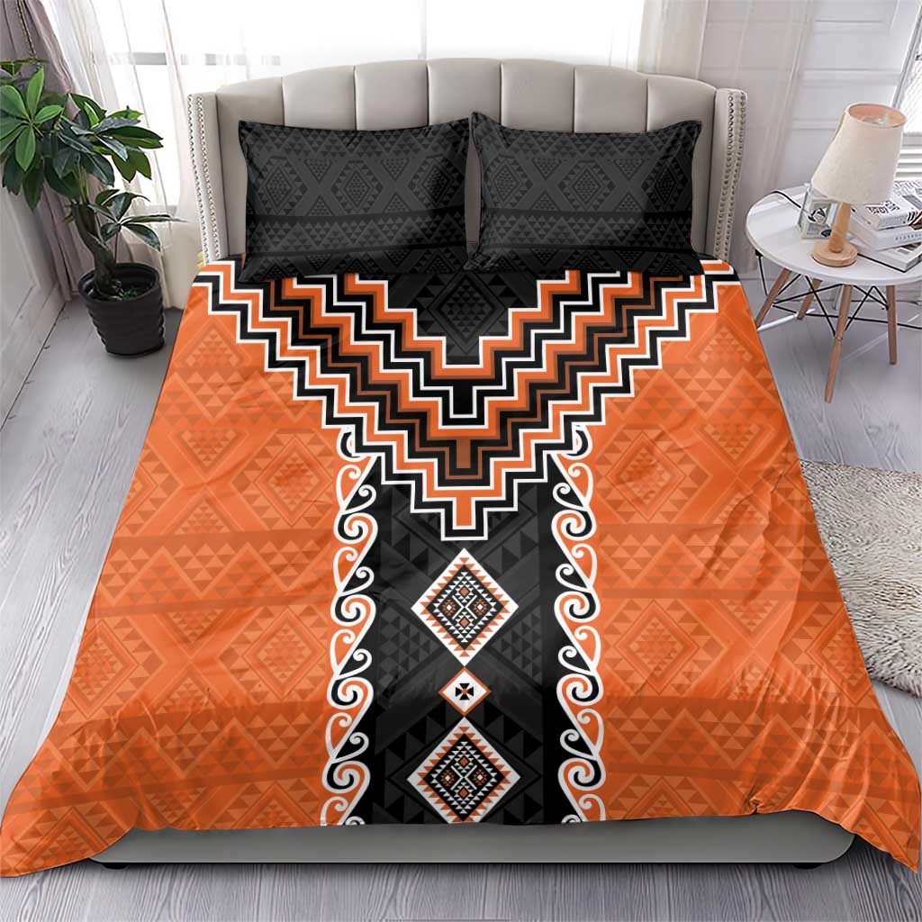 Orange Niho Taniwha Mix Poutama Bedding Set Unique Taniko Aotearoa