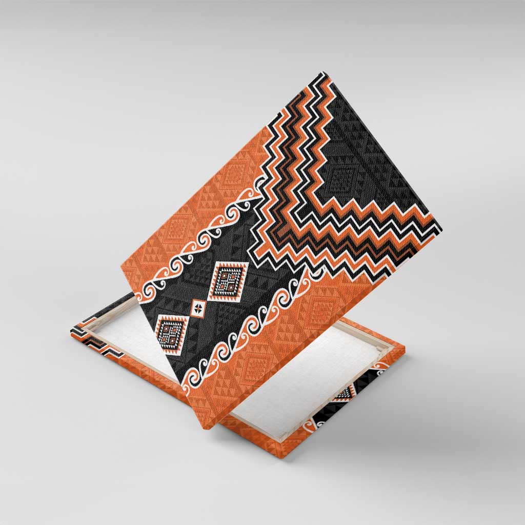 Orange Niho Taniwha Mix Poutama Canvas Wall Art Unique Taniko Aotearoa LT01 With Frame Orange - Polynesian Pride