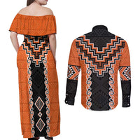 Orange Niho Taniwha Mix Poutama Couples Matching Off Shoulder Maxi Dress and Long Sleeve Button Shirt Unique Taniko Aotearoa