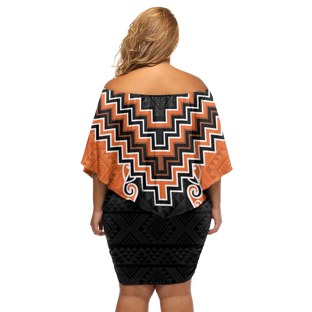 Orange Niho Taniwha Mix Poutama Family Matching Off Shoulder Short Dress and Hawaiian Shirt Unique Taniko Aotearoa