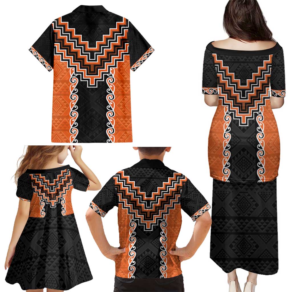 Orange Niho Taniwha Mix Poutama Family Matching Puletasi and Hawaiian Shirt Unique Taniko Aotearoa