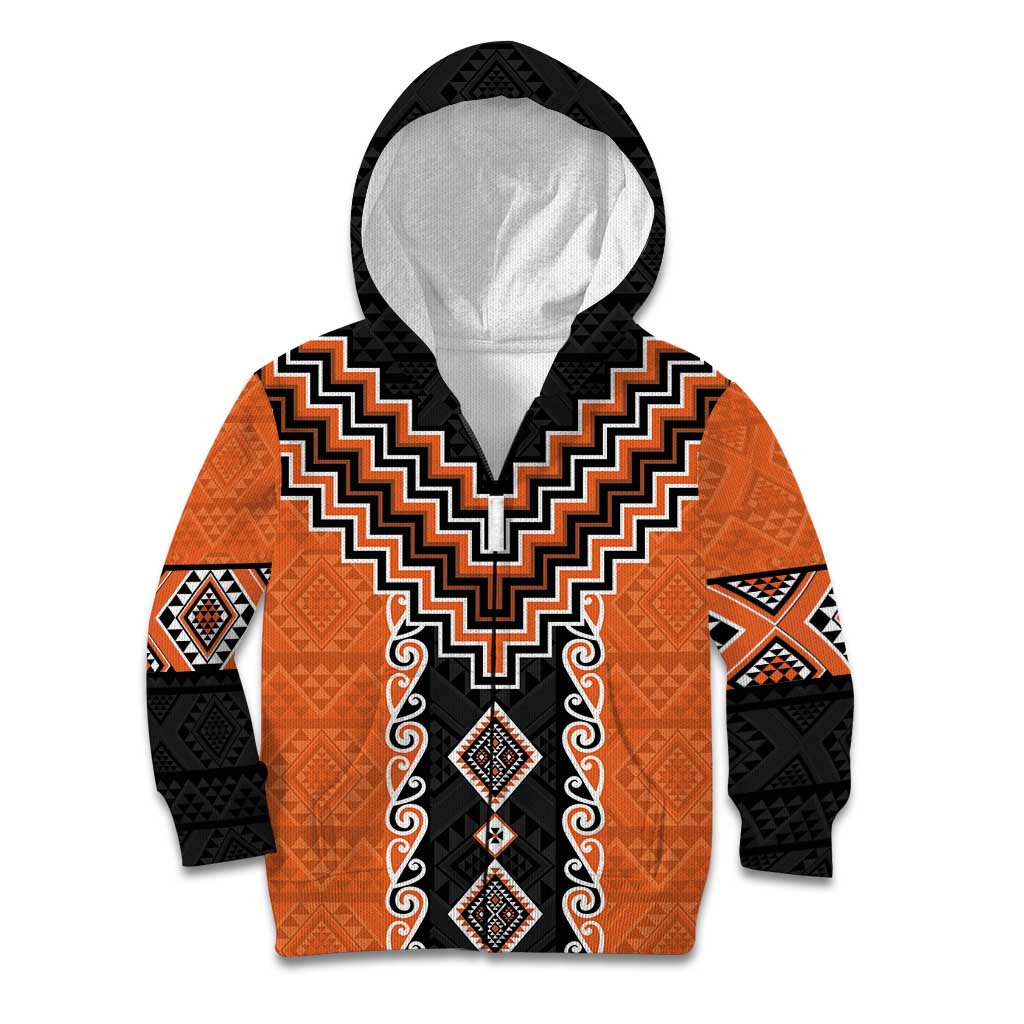 Orange Niho Taniwha Mix Poutama Kid Hoodie Unique Taniko Aotearoa LT01 Zip Hoodie Orange - Polynesian Pride