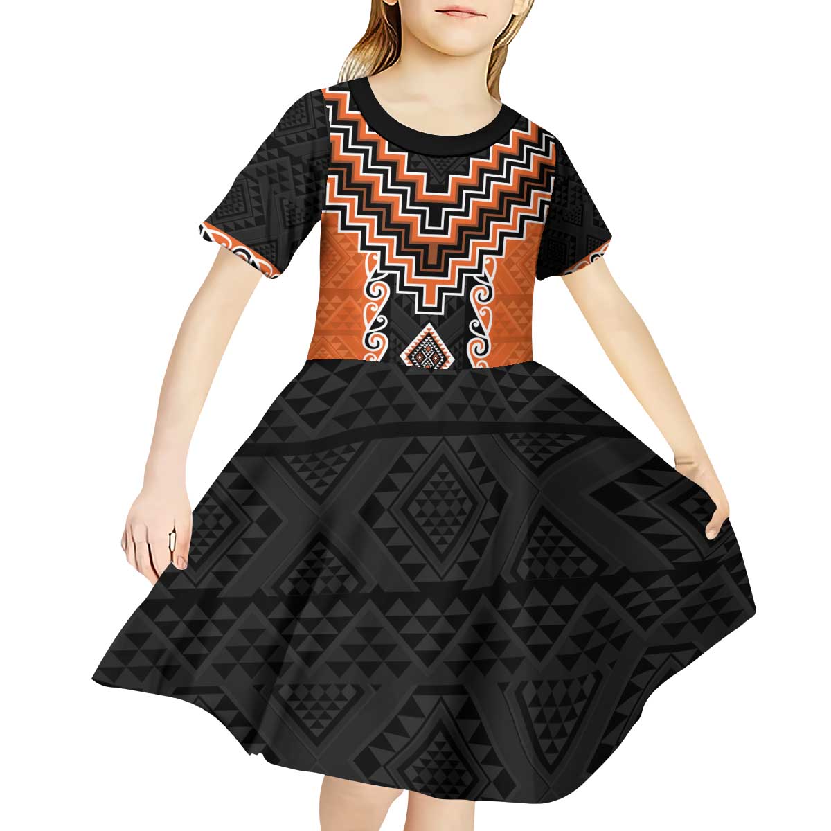 Orange Niho Taniwha Mix Poutama Kid Short Sleeve Dress Unique Taniko Aotearoa