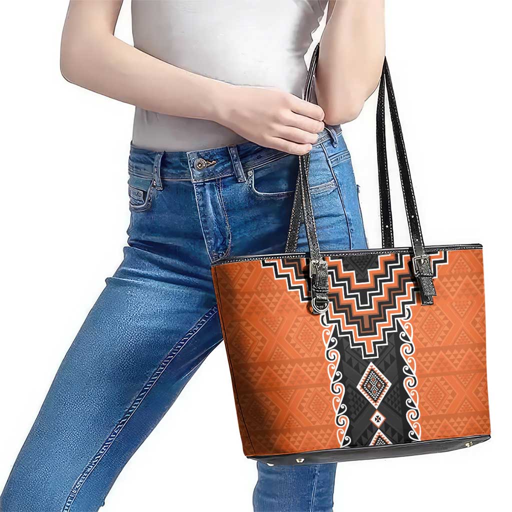 Orange Niho Taniwha Mix Poutama Leather Tote Bag Unique Taniko Aotearoa