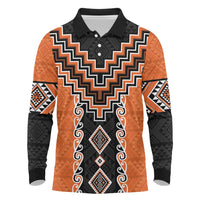 Orange Niho Taniwha Mix Poutama Long Sleeve Polo Shirt Unique Taniko Aotearoa LT01 Orange - Polynesian Pride