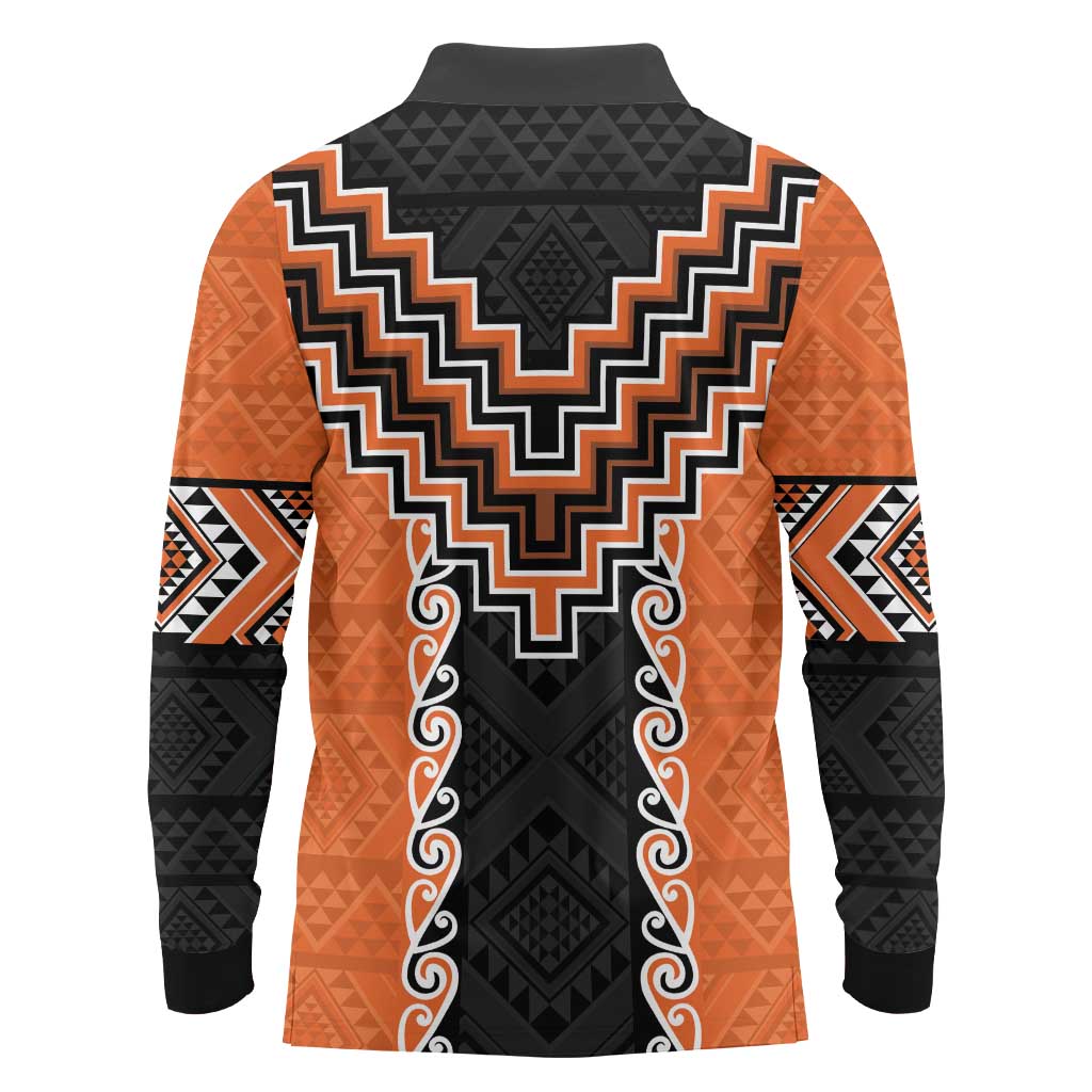 Orange Niho Taniwha Mix Poutama Long Sleeve Polo Shirt Unique Taniko Aotearoa LT01 - Polynesian Pride