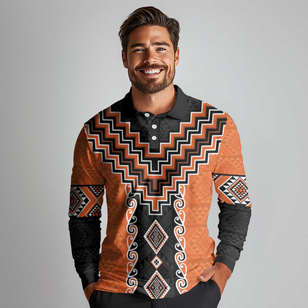 Orange Niho Taniwha Mix Poutama Long Sleeve Polo Shirt Unique Taniko Aotearoa LT01 - Polynesian Pride