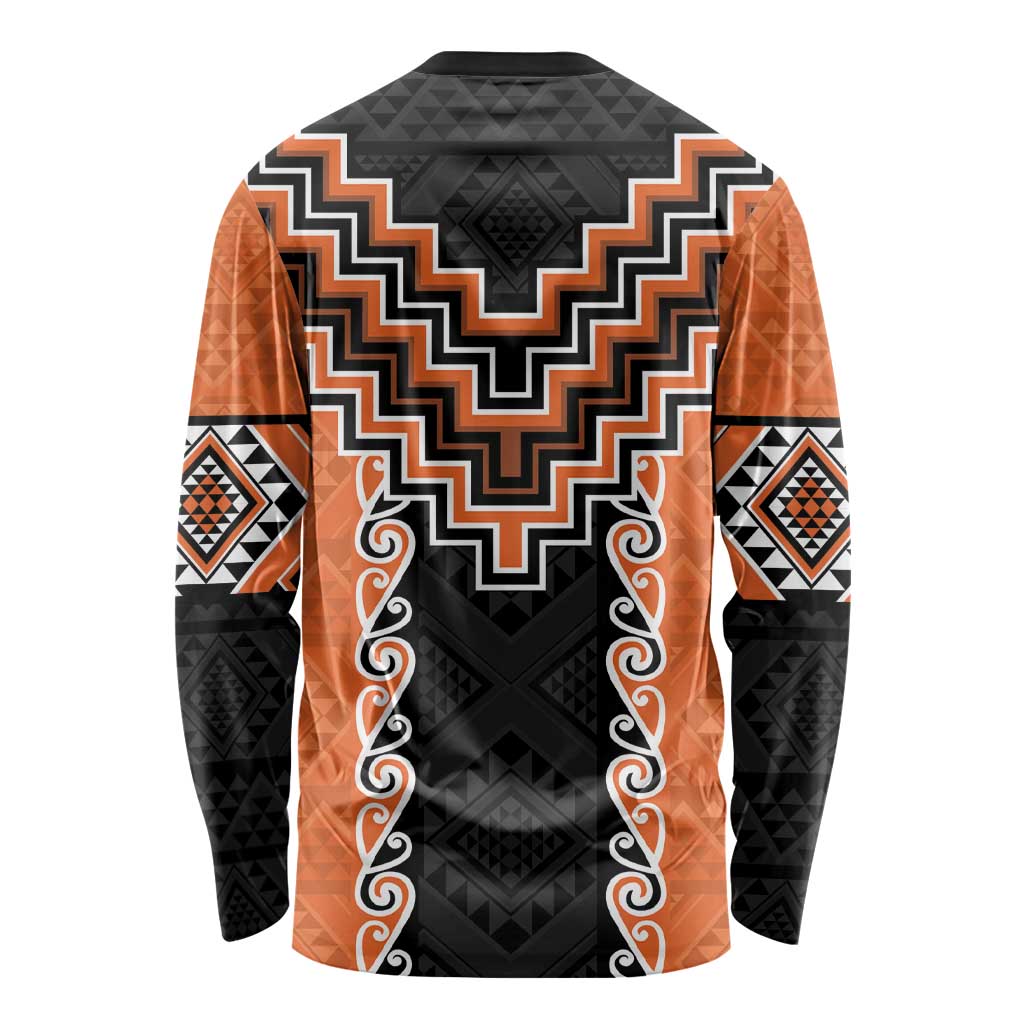 Orange Niho Taniwha Mix Poutama Long Sleeve Shirt Unique Taniko Aotearoa