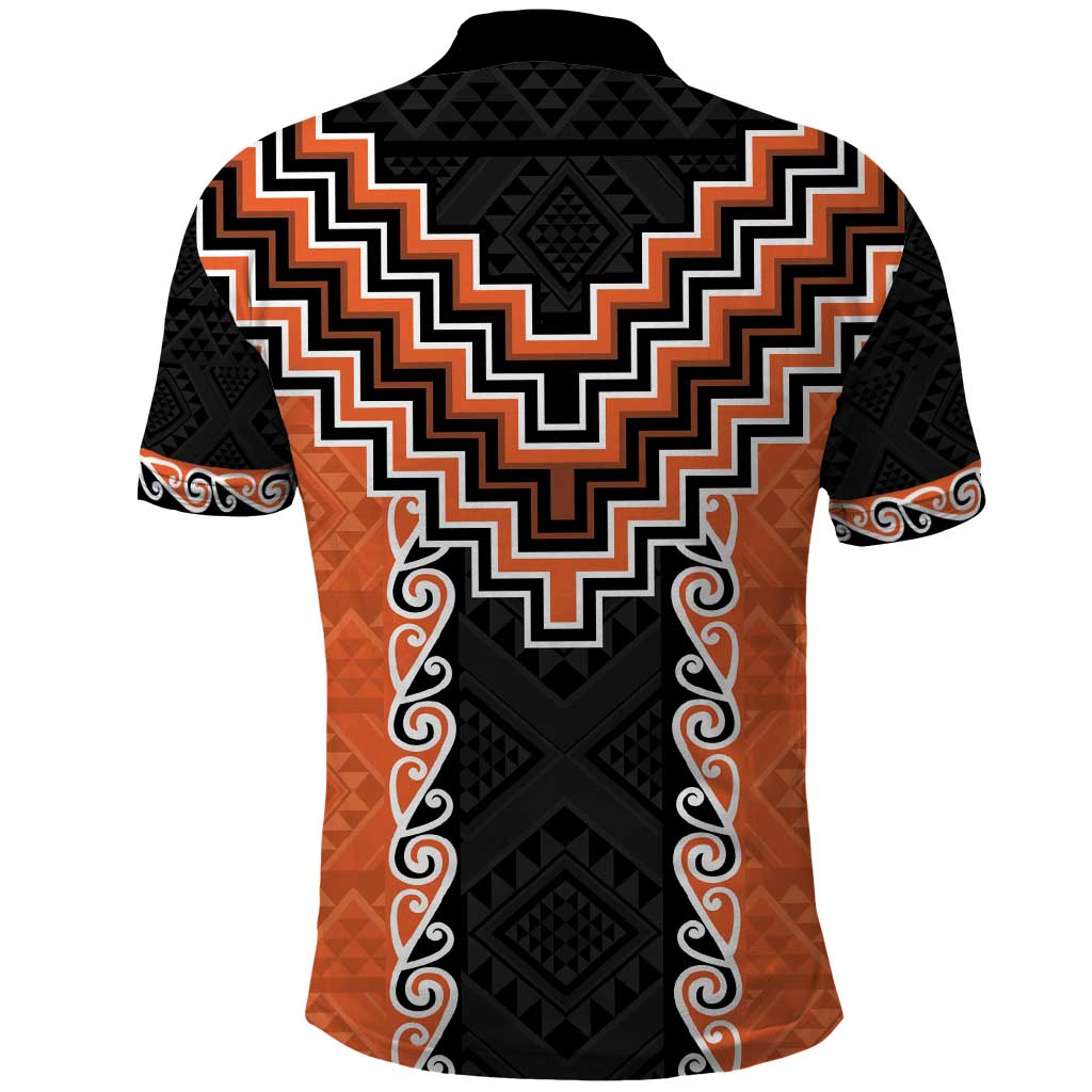 Orange Niho Taniwha Mix Poutama Polo Shirt Unique Taniko Aotearoa