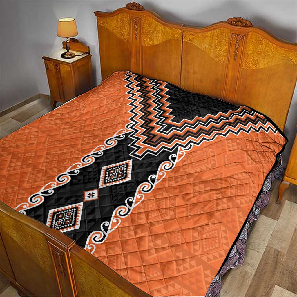 Orange Niho Taniwha Mix Poutama Quilt Unique Taniko Aotearoa
