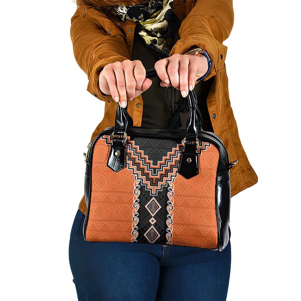 Orange Niho Taniwha Mix Poutama Shoulder Handbag Unique Taniko Aotearoa