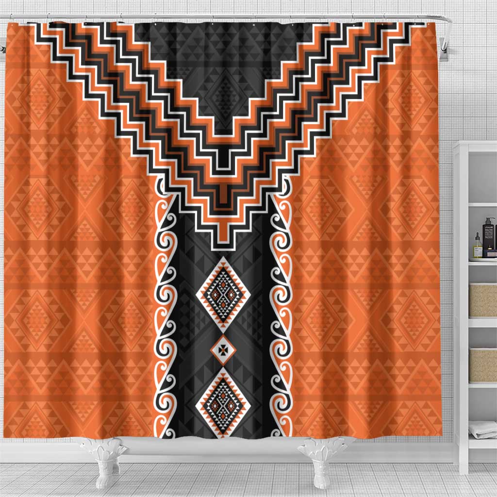 Orange Niho Taniwha Mix Poutama Shower Curtain Unique Taniko Aotearoa