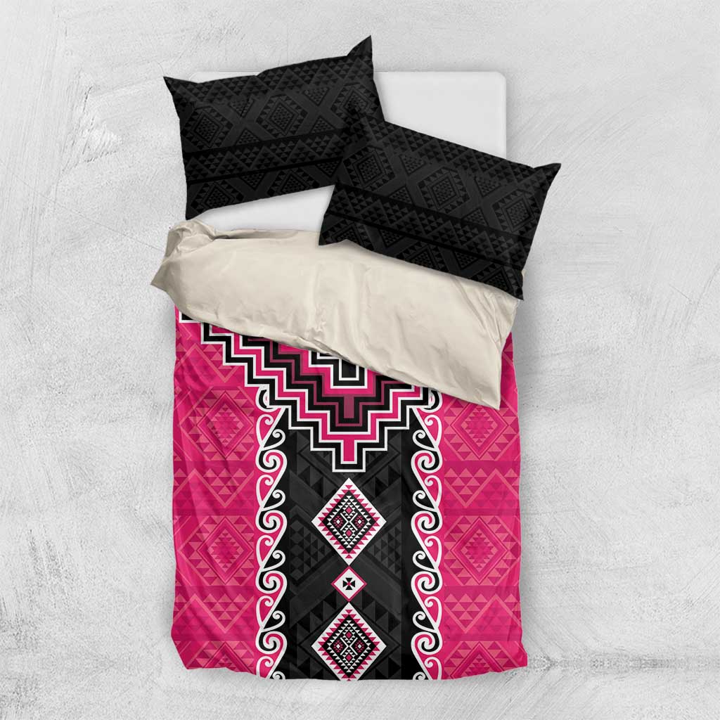 Pink Niho Taniwha Mix Poutama Bedding Set Unique Taniko Aotearoa