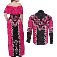 Pink Niho Taniwha Mix Poutama Couples Matching Off Shoulder Maxi Dress and Long Sleeve Button Shirt Unique Taniko Aotearoa
