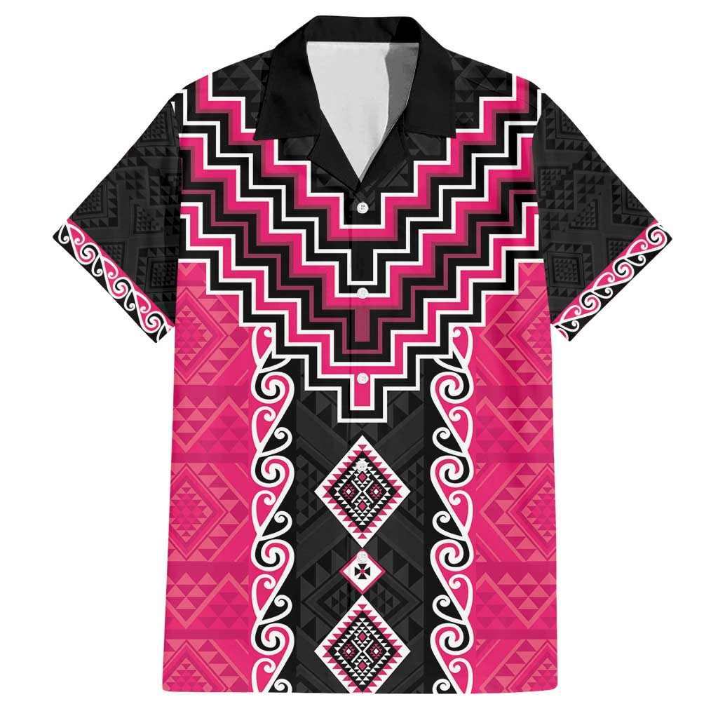 Pink Niho Taniwha Mix Poutama Family Matching Long Sleeve Bodycon Dress and Hawaiian Shirt Unique Taniko Aotearoa