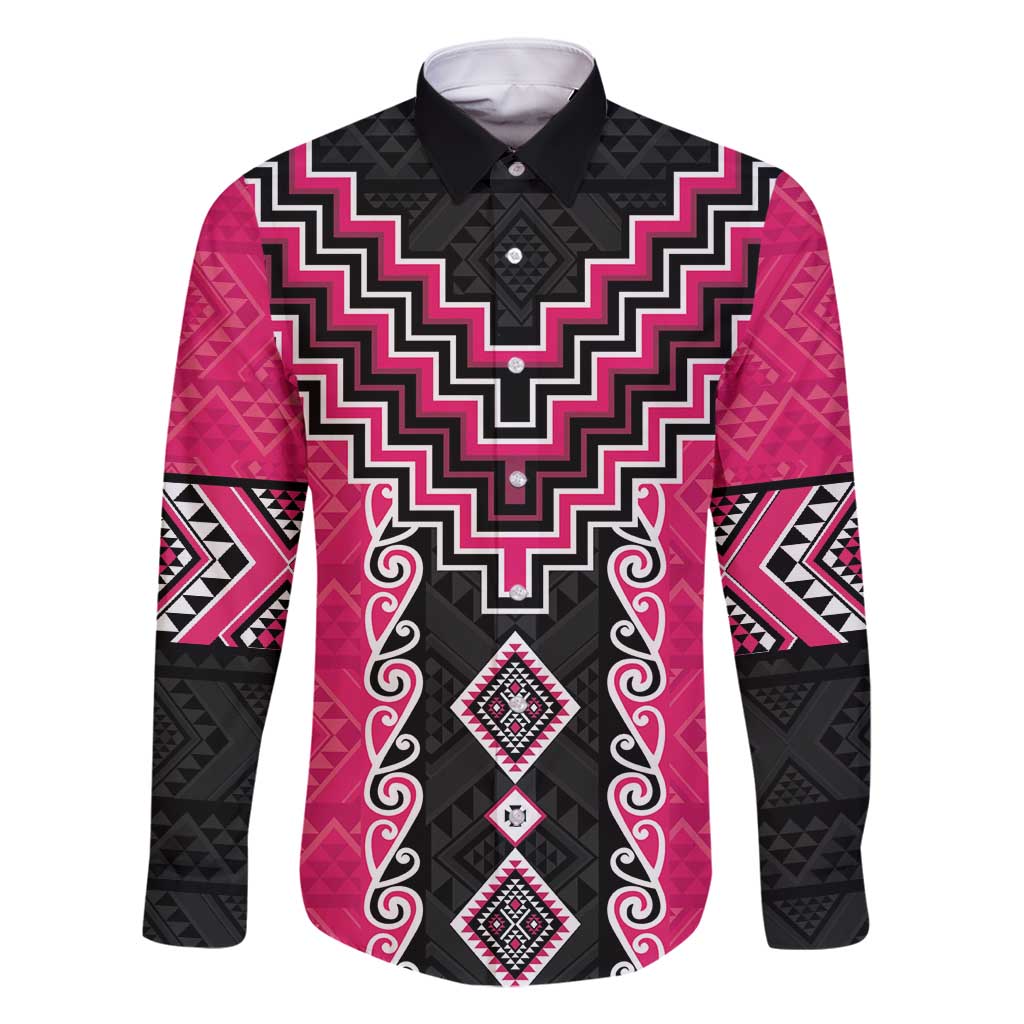 Pink Niho Taniwha Mix Poutama Family Matching Long Sleeve Bodycon Dress and Hawaiian Shirt Unique Taniko Aotearoa