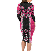 Pink Niho Taniwha Mix Poutama Family Matching Long Sleeve Bodycon Dress and Hawaiian Shirt Unique Taniko Aotearoa