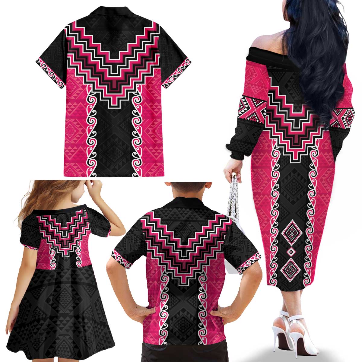 Pink Niho Taniwha Mix Poutama Family Matching Off The Shoulder Long Sleeve Dress and Hawaiian Shirt Unique Taniko Aotearoa