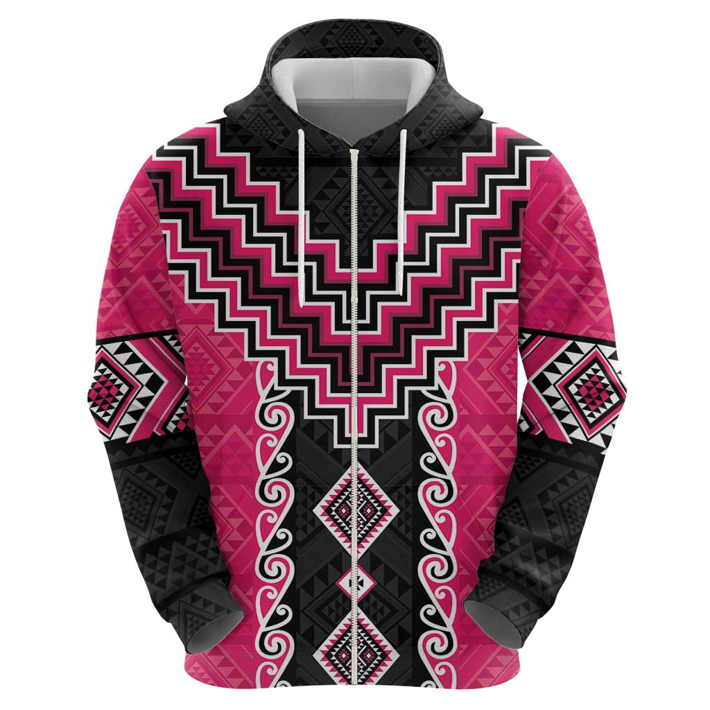 Pink Niho Taniwha Mix Poutama Hoodie Unique Taniko Aotearoa