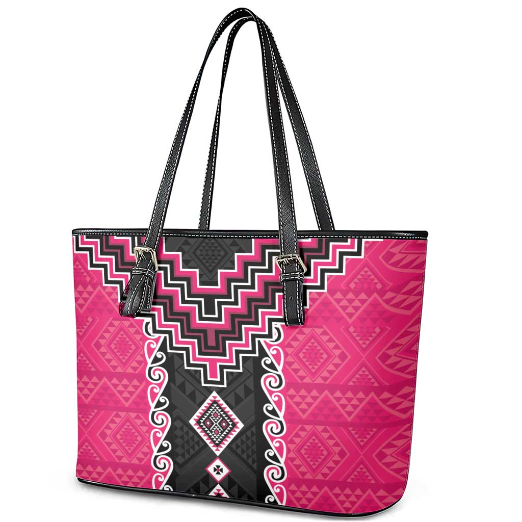 Pink Niho Taniwha Mix Poutama Leather Tote Bag Unique Taniko Aotearoa