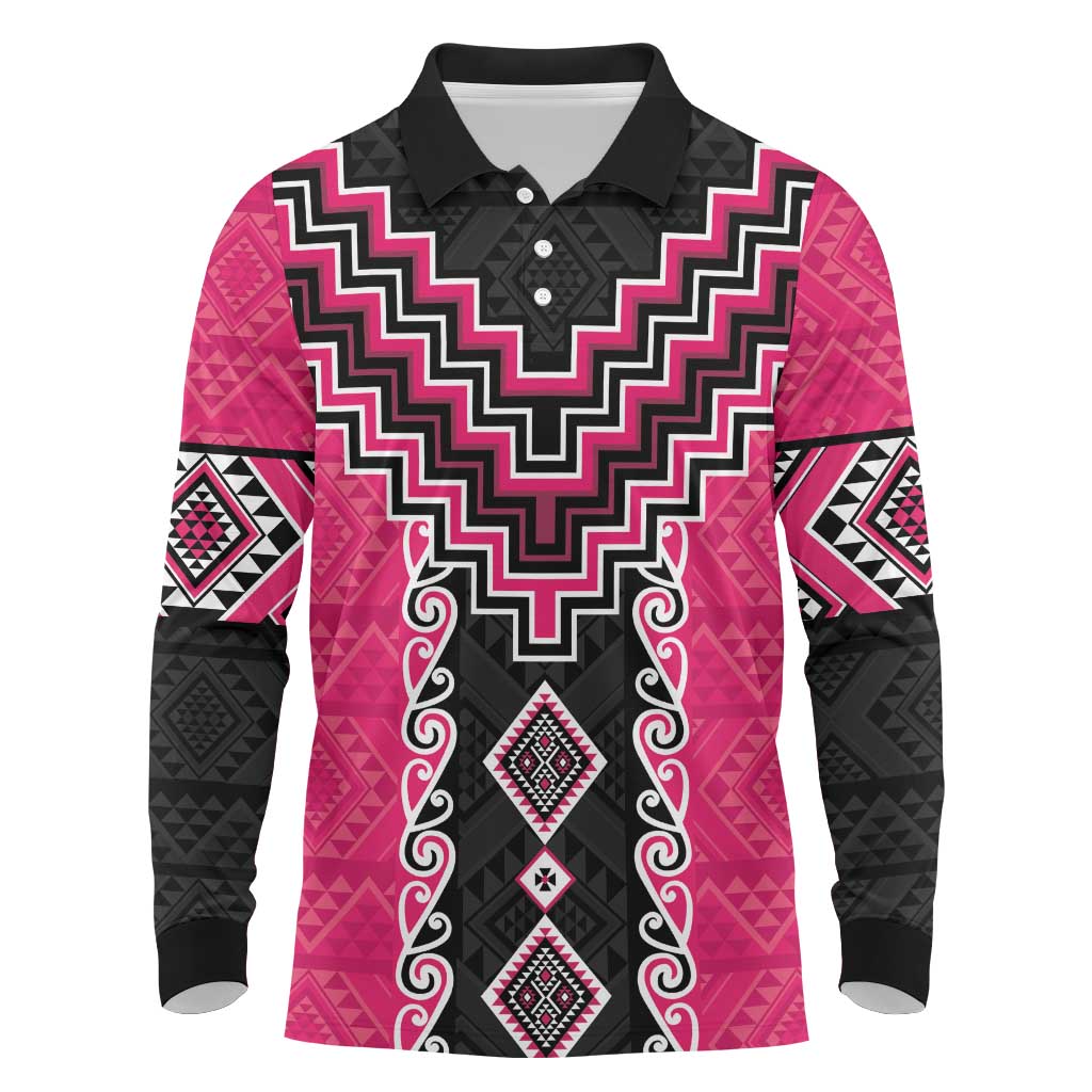 Pink Niho Taniwha Mix Poutama Long Sleeve Polo Shirt Unique Taniko Aotearoa LT01 Pink - Polynesian Pride