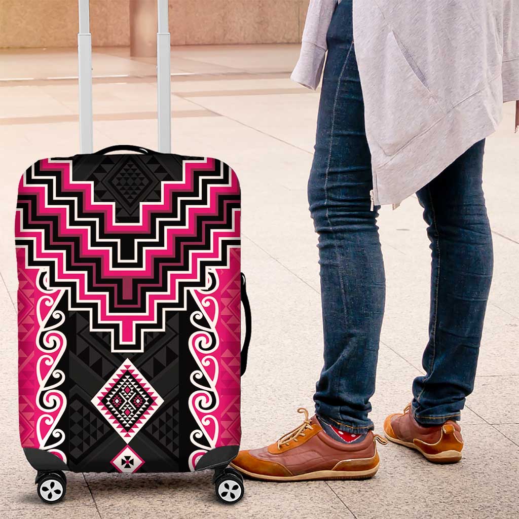 Pink Niho Taniwha Mix Poutama Luggage Cover Unique Taniko Aotearoa